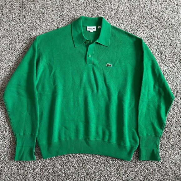 Lacoste Mens XL Relaxed Fit Green Wool Polo Casual Sweater Buttoned Collar - Picture 9 of 9